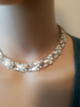 Vintage Crown Trifari Necklace Silver tone With Faux Pearls And Rhinestones. 6