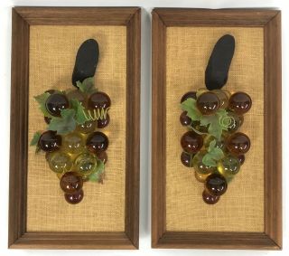 2 Mid Century Framed Acrylic Lucite Grape Cluster Wall Hanging Vintage Plaque