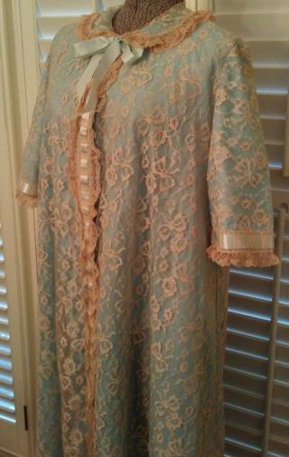 Vtg 50s L Blue Lace Odette Barsa Long Robe Dressing Gown House Coat Peignoir