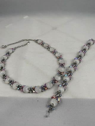 Vintage Multi Color Rhinestone And Shell Silver Tone Necklace And Bracelet Set