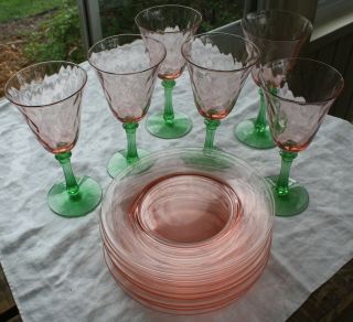 Set Of 6 Vtg Watermelon Depression Glass Wine Goblets,  9 Matching Pink Plates