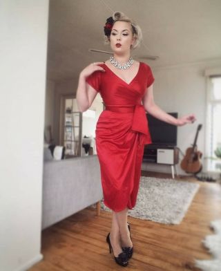 Pinup Girl Couture Red Satin " Ava " Vintage Style Wrap Dress,  Size Small ❤️