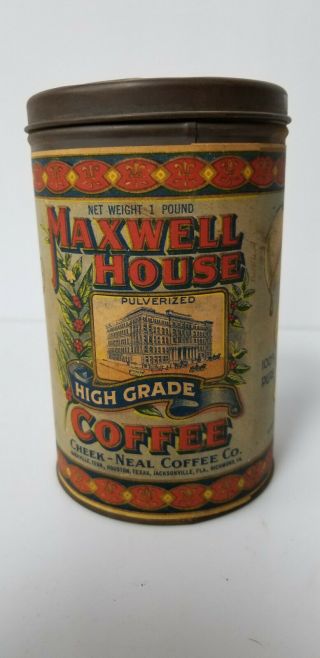 Vintage Coffee Tin Maxwell House Creek Neal Coffee Co Paper label Tenn Texas fla 4