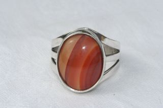 Vintage Modernist Orange Banded Agate Sterling Silver Ring 1970s Signed N.  B.