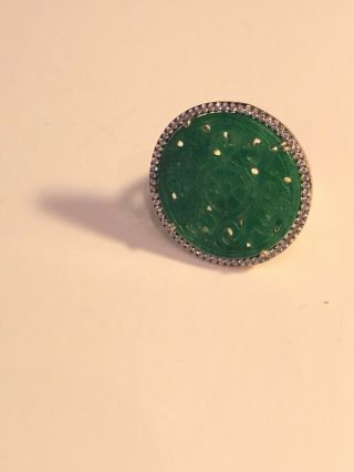 Vintage Carved Jade Ring Size 7 1/2 Sterling Gold Trim 2 Inch Round Ring Signed 2