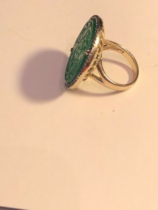 Vintage Carved Jade Ring Size 7 1/2 Sterling Gold Trim 2 Inch Round Ring Signed 3