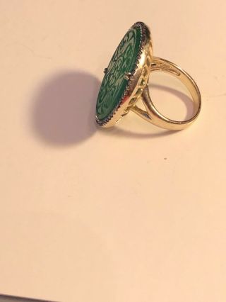Vintage Carved Jade Ring Size 7 1/2 Sterling Gold Trim 2 Inch Round Ring Signed 4