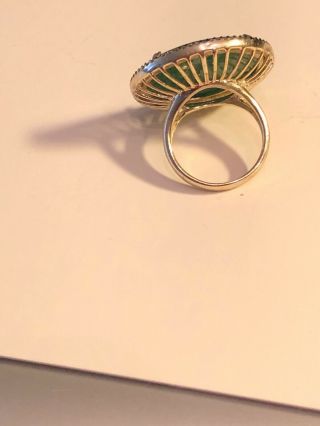 Vintage Carved Jade Ring Size 7 1/2 Sterling Gold Trim 2 Inch Round Ring Signed 6