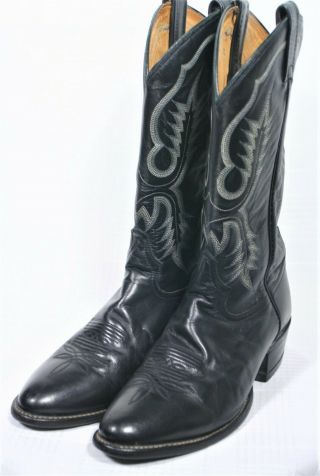 Vtg Tony Lama Longhorn Black Leather Classic R Toe Cowboy Boots 2914 Men 