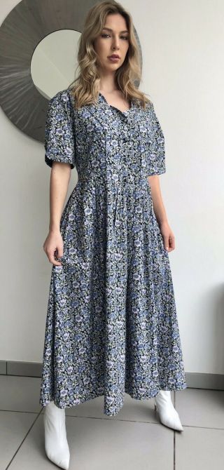 Vintage Laura Ashley Cornflower Meadow Lawn Summer Tea Dress 16 Cotton