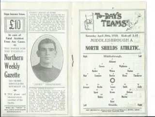 RARE preWW1 1909/10 Middlesbrough A v North Shields Athletic 30/4/1910 1st class 2