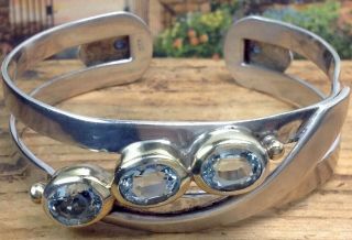 Vintage Sterling Silver Topaz Gemstone Cuff Bracelet 35.  1g.  (e35)