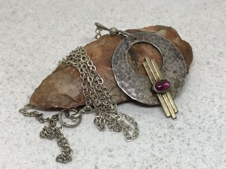 Vintage Modernist Sterling Silver Gold Filled Garnet Pendant 19” Necklace