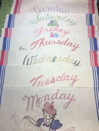 Vintage Linen Days Of The Week Kitchen Dish Towels Hand Embroidered Exc