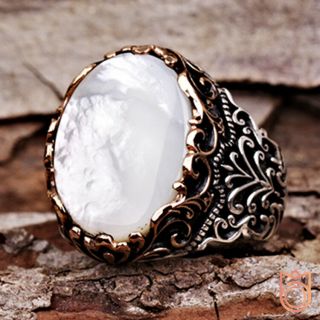 Unique Mens Gemstone Ring Vintage Engraved Mother Of Pearl White Stone Men Rings
