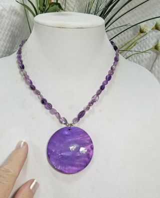 Vintage Amethyst Bead Choker Necklace With Purple Abalone Shell Mop Pendant