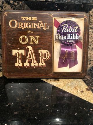 Vintage Pabst Blue Ribbon Beer Wood Cloth Sign On Tap Rare Bar Pub Cave