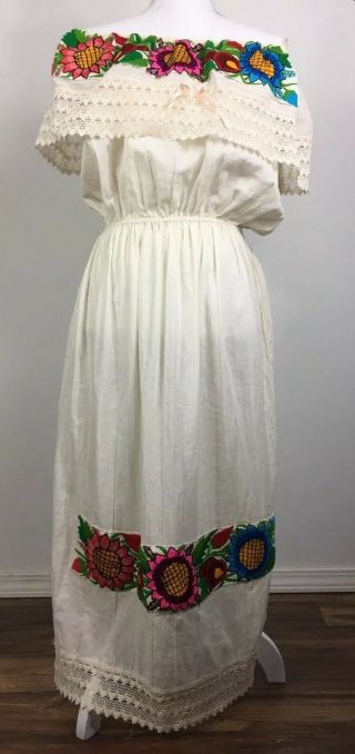 Mexican Hand Embroidered Crochet Mexican Dress Floral Peasant Cotton Vtg