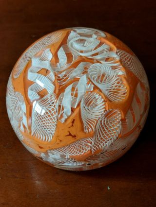Vintage Murano Art Glass Paperweight Latticino Swirl Twisted Ribbon Orange White