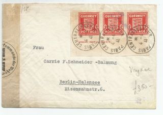 Rare France Wwii Occupation Cover With Guernsey Stamps To Germany Censor