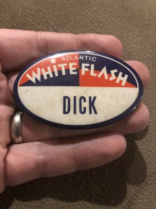 Vintage Atlantic White Flash Gas Station Employee Name Badge Pin Button