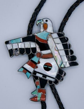 Rare Old Pawn Ornate Zuni Native American Dancing Eagle Bolo Tie