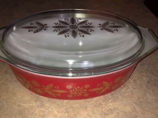 VINTAGE PYREX PROMO HTF Golden Poinsettia RED Casserole Dish 2.  5 qt with lid 2