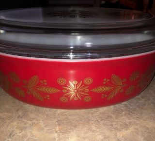 VINTAGE PYREX PROMO HTF Golden Poinsettia RED Casserole Dish 2.  5 qt with lid 3
