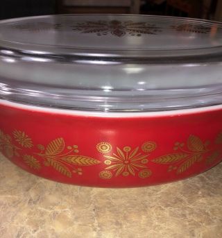 VINTAGE PYREX PROMO HTF Golden Poinsettia RED Casserole Dish 2.  5 qt with lid 5