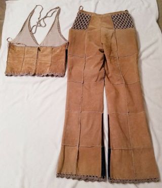 Vintage Brown Suede Leather Pant Suit Pantsuit / Set sz 8 w/ Gift 2