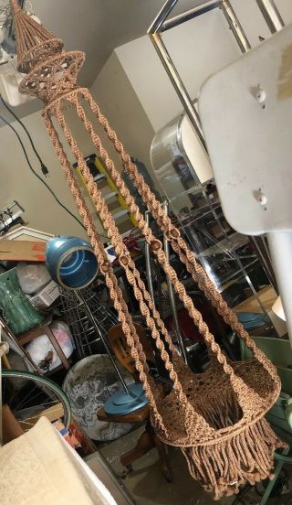 Vintage 60” Jute Macrame Planter,  Hand Made,