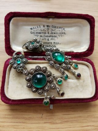 148 Antique Art Deco Silver Green Paste Glass Filigree Drop Earrings Read Descri