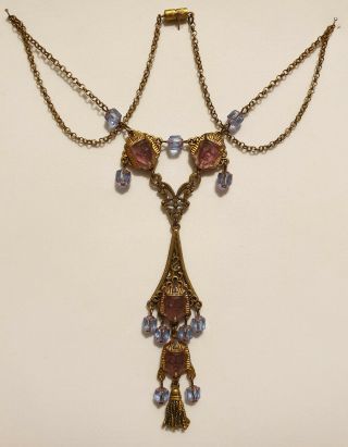 Vintage Art Deco Style Czech Amethyst Glass Bead Egyptian Revival Drop Necklace