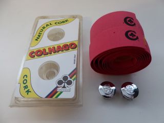 Vintage Nos Classic Colnago Pink Cork Bar Tape With Colnago Silver C Club Plugs