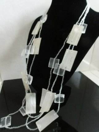 Vtg Designer White & Clear Flapper Shell Glass Lucite 3 Rows Necklace Diaphanous