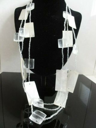VTG DESIGNER WHITE & CLEAR FLAPPER SHELL GLASS LUCITE 3 ROWS NECKLACE Diaphanous 2