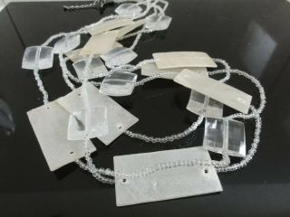 VTG DESIGNER WHITE & CLEAR FLAPPER SHELL GLASS LUCITE 3 ROWS NECKLACE Diaphanous 4