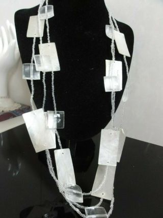 VTG DESIGNER WHITE & CLEAR FLAPPER SHELL GLASS LUCITE 3 ROWS NECKLACE Diaphanous 5