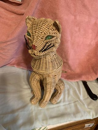 Vintage Wicker Cat Novelty Rattan Woven Basket Animal