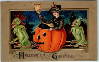 Vintage Schmucker Winsch Halloween Postcard Witch Riding In Jol / Goblins 1916