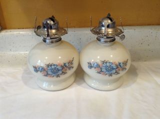 Vintage Painted Oil Lamp Pair Base White Milk Glass Flowers