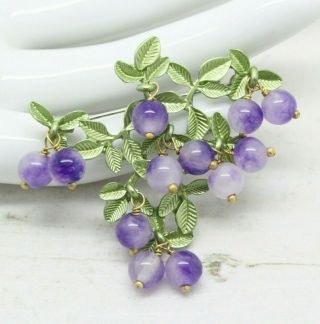 Vintage Style Amethyst Stone Bead Enamel Berries And Vine Brooch Pin Jewellery