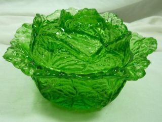 Portieux Vallerysthal Green Uranium Glass Covered Cabbage Bowl Vintage 19f030