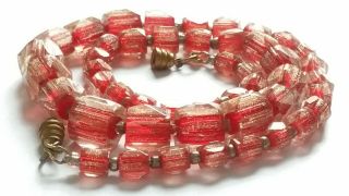Czech Vintage Art Deco Red Rhubarb Glass Bead Necklace Aventurine Sand
