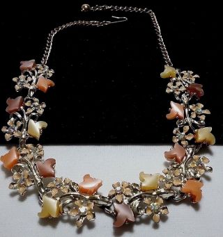 Vintage Gold Thermoset Flower Enamel Rhinestone Necklace