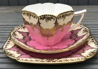 Very Rare Pink Gilded Shelley Queen Anne Tea Cup Trio 1920s