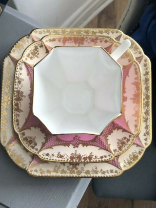 VERY RARE PINK GILDED SHELLEY QUEEN ANNE TEA CUP TRIO 1920s 3
