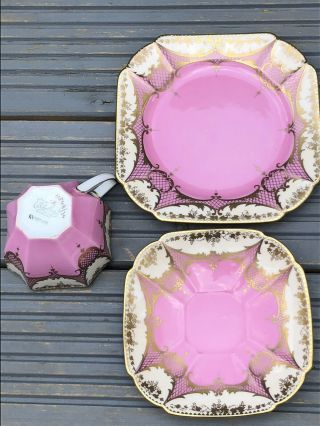 VERY RARE PINK GILDED SHELLEY QUEEN ANNE TEA CUP TRIO 1920s 4