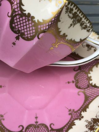 VERY RARE PINK GILDED SHELLEY QUEEN ANNE TEA CUP TRIO 1920s 5
