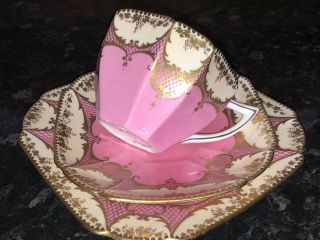 VERY RARE PINK GILDED SHELLEY QUEEN ANNE TEA CUP TRIO 1920s 7